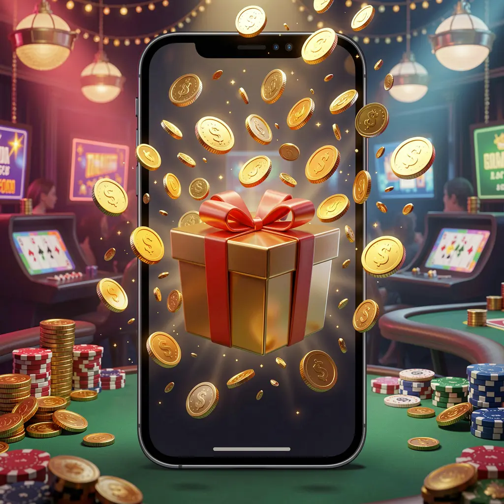 ok93 mobile casino bonus app concept showing a phone screen with a gift box and coins bursting out in a festive casino atmosphere with premium 3D illustration