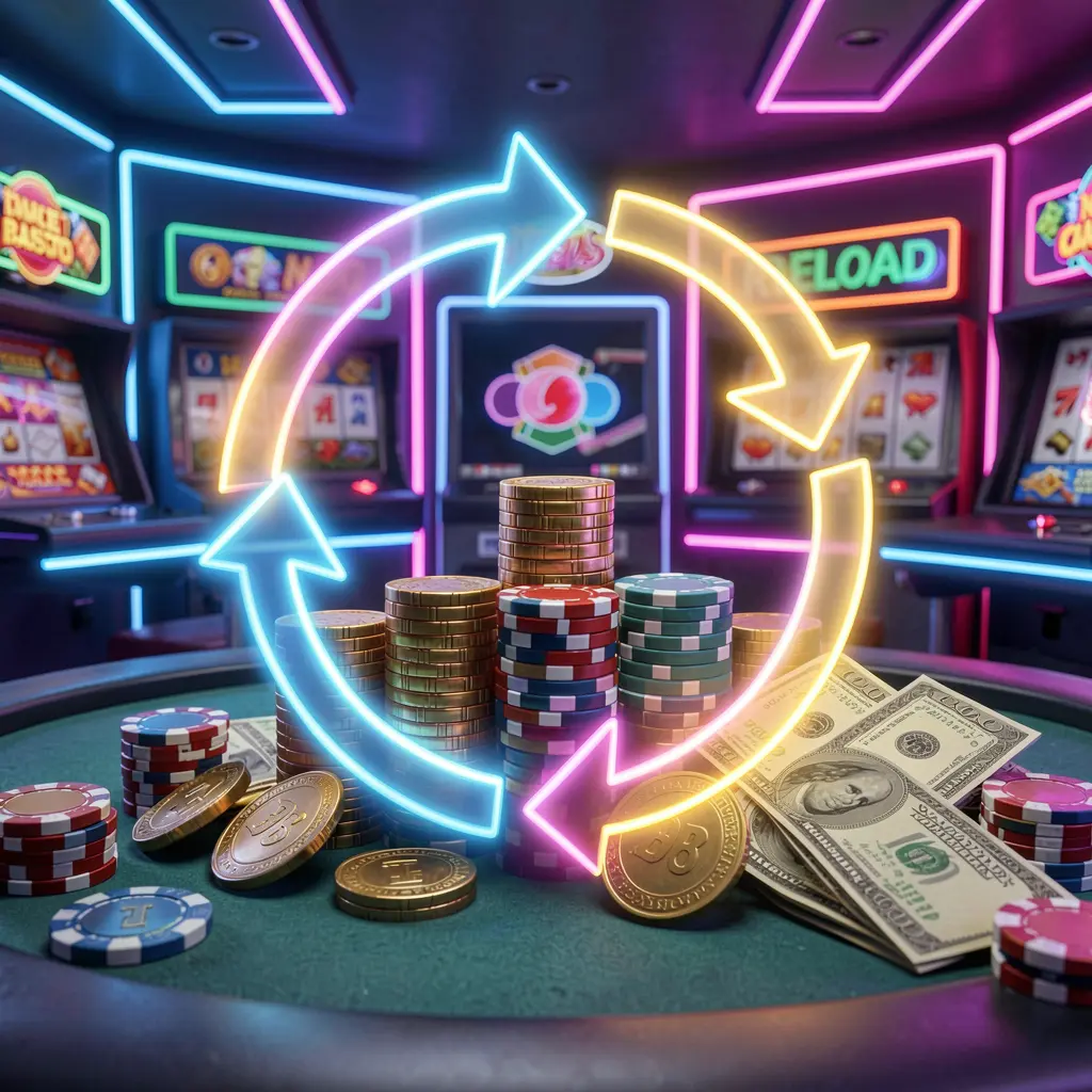 ok93 reload bonus casino visual featuring glowing circular arrows around coins, chips, and cash with a modern neon casino background in high detail 3D render