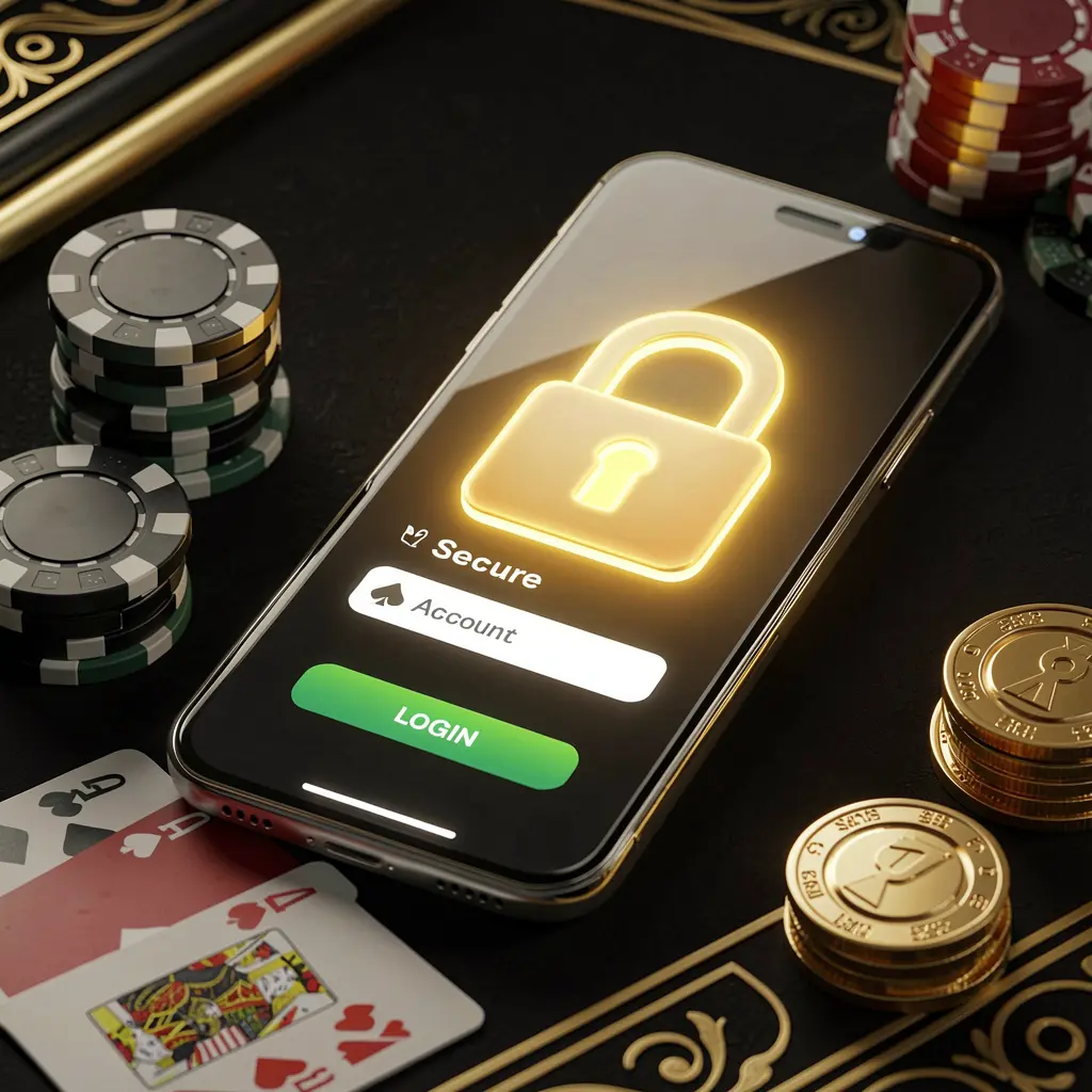 Secure casino account login concept with glowing lock icon on smartphone screen surrounded by poker chips, playing cards, and golden coins on an elegant black and gold background, featuring ok93 branding