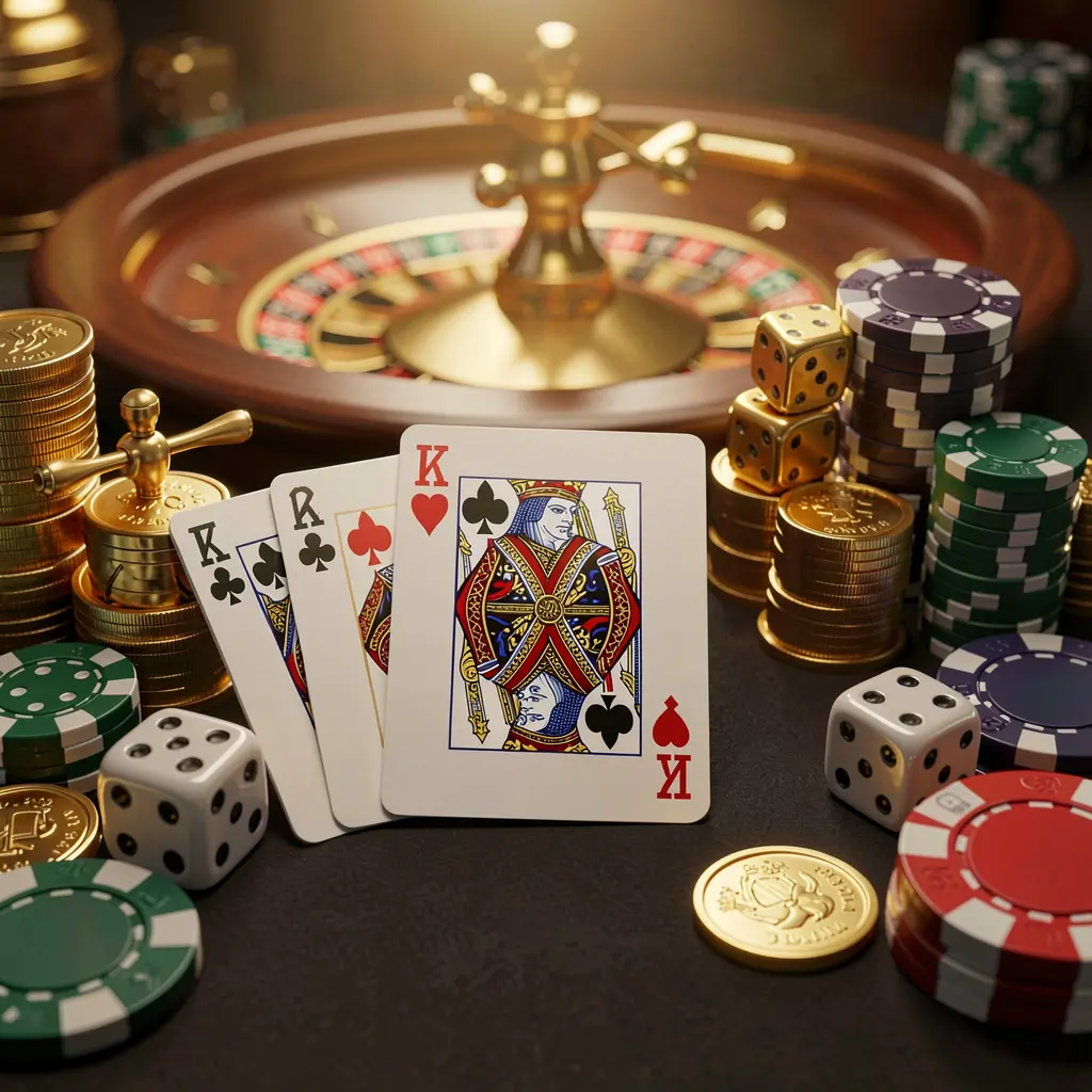 Elegant online casino homepage featuring royal flush cards, dice, golden coins, and poker chips on a dark table with a glowing roulette wheel in the background, showcasing ok93's luxurious gaming experience