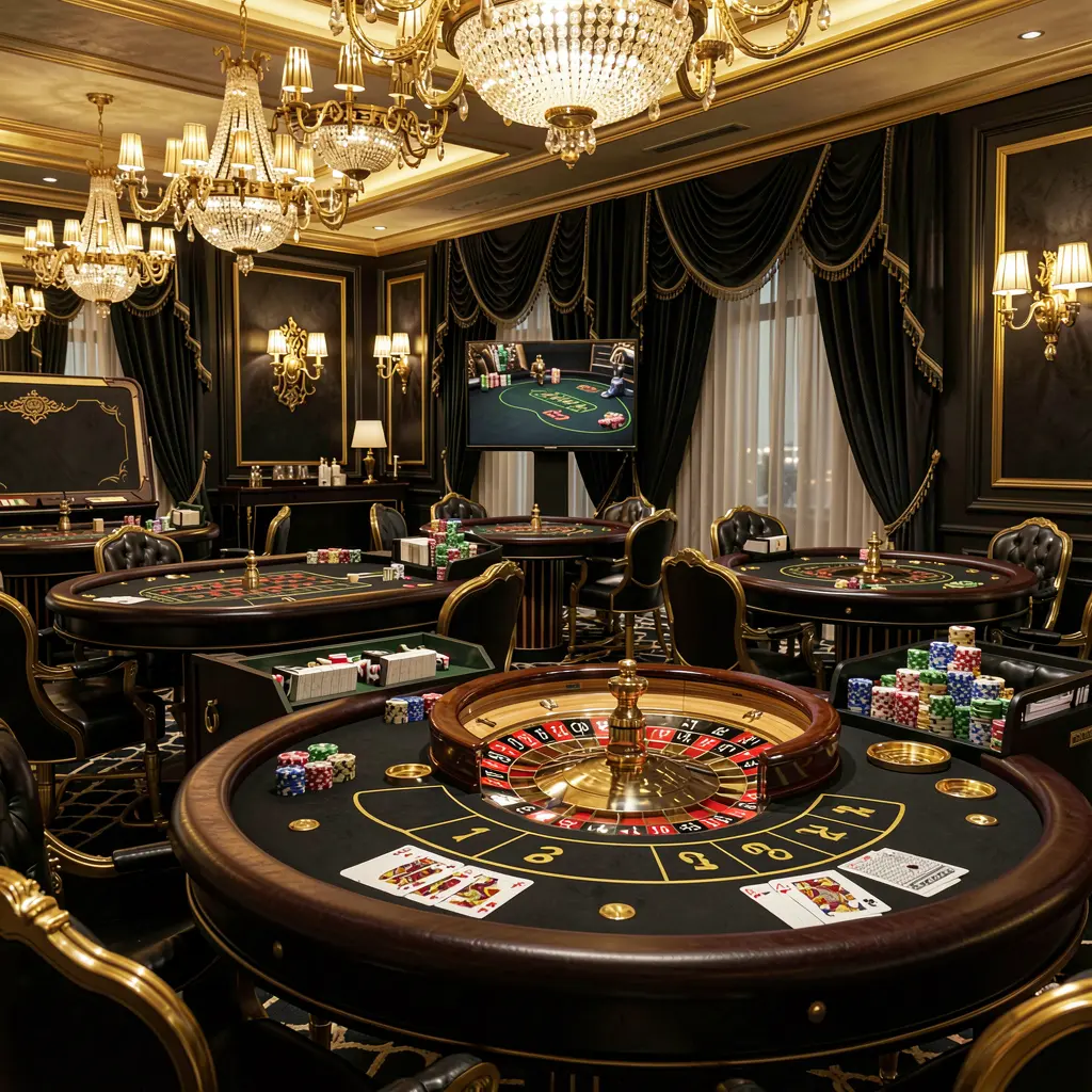 Luxury online casino lobby scene with glowing roulette tables, golden lights, poker chips and cards in a premium black and gold design, showcasing ok93's responsible gaming environment